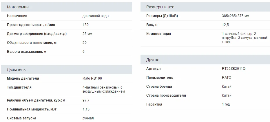 Характеристики RATO RT25ZB20 Характеристики RATO RT25ZB20